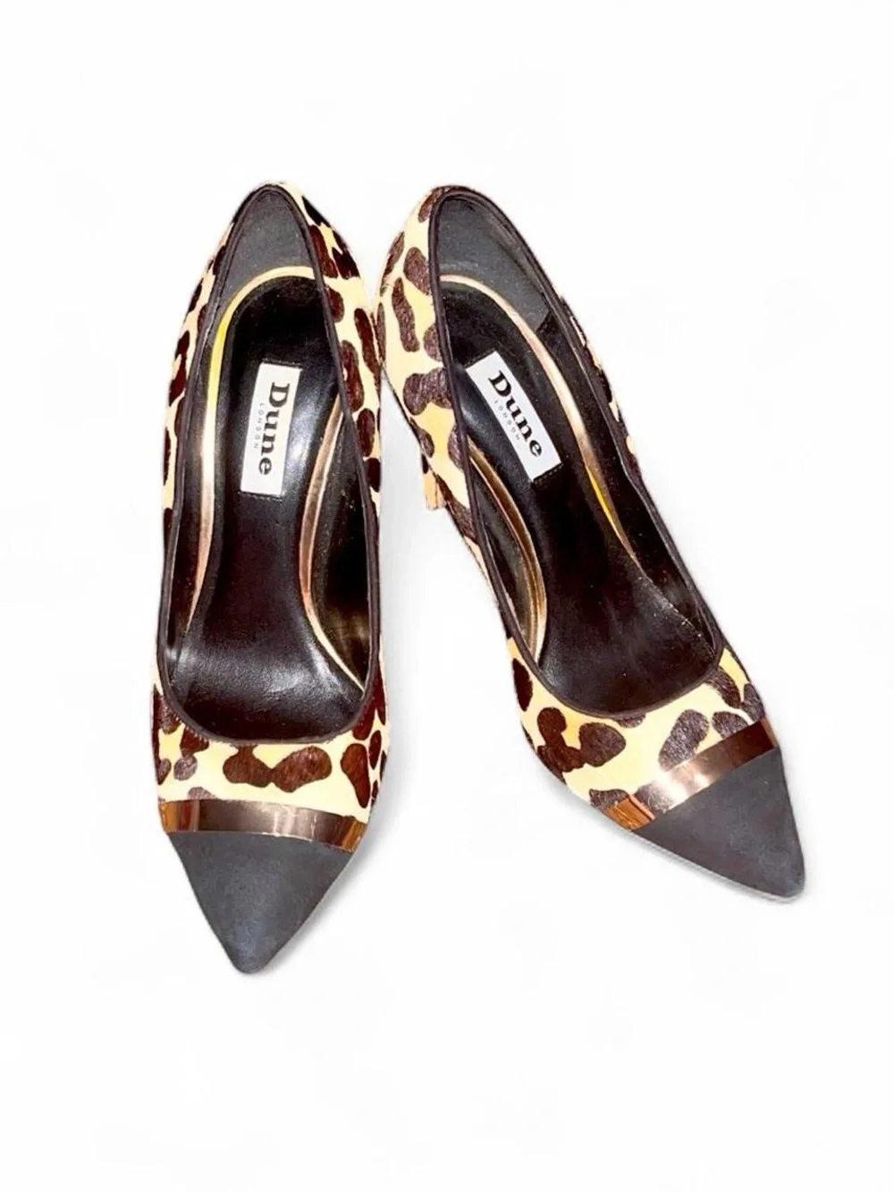 Y2K Glam Leopard Print Pony Hair Pointed Pumps w/ Gold & Black Toe